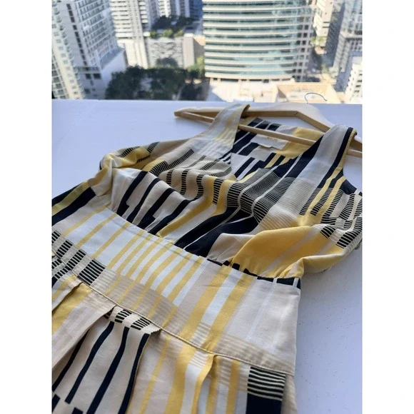 Anthropologie Maeve Silk Yellow Black Geometric Midi Dress 0 Pockets Mod - Picture 2 of 9